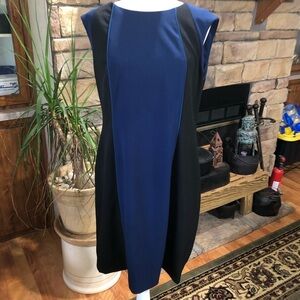CHELSEA ROSE SIZE 12 BLACK AND BLUE SLIMMING PATTERN SLEEVELESS DRESS LINED EUC